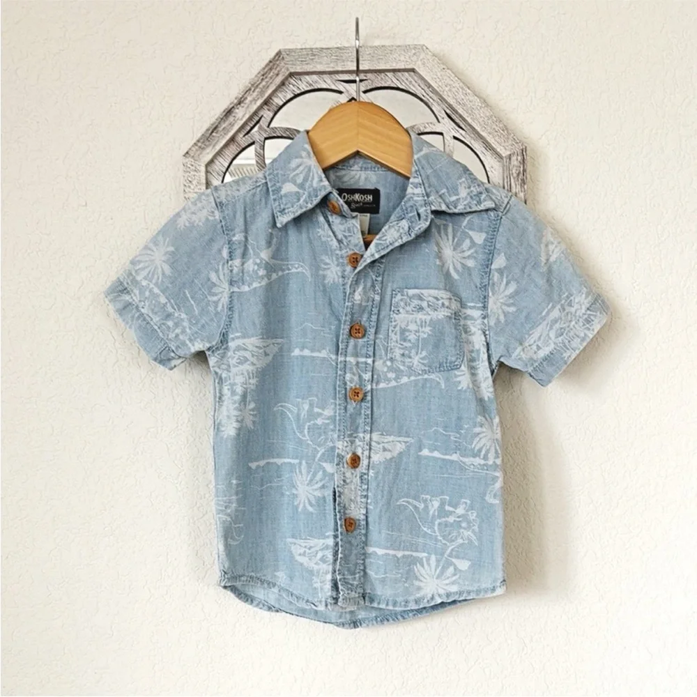 OshKosh B’gosh • Boys 2T Blue Chambray Dinosaur Tropical Button Up Shirt